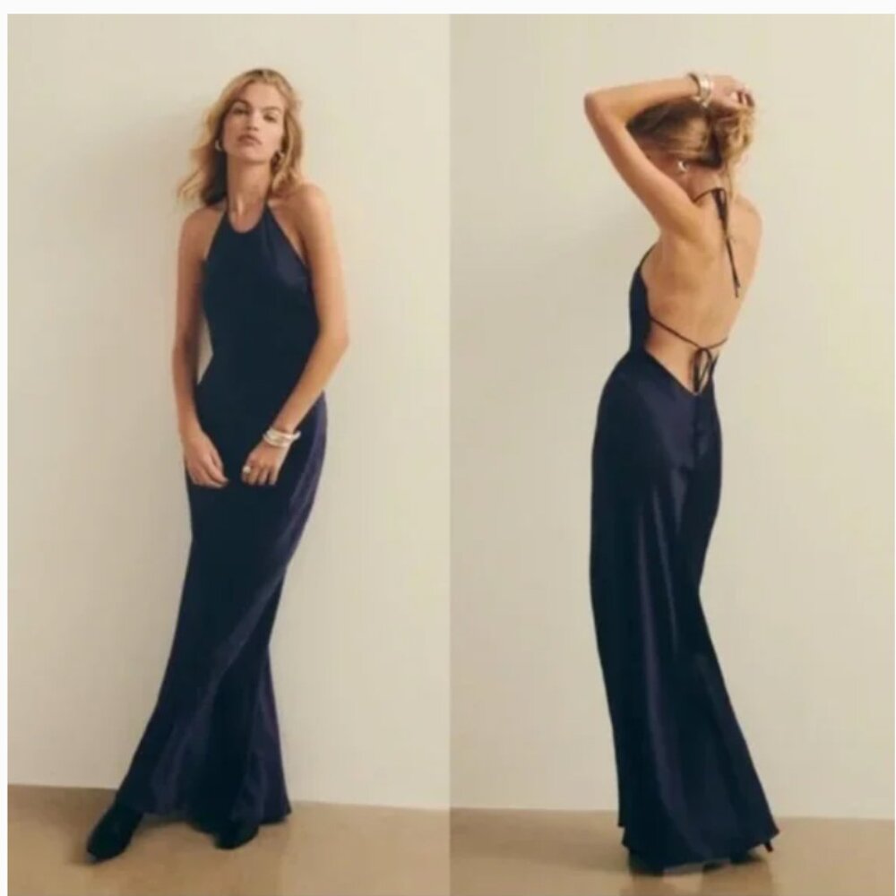 Reformation Jeany Silk navy blue maxi Dress halter - SMALL -with tags